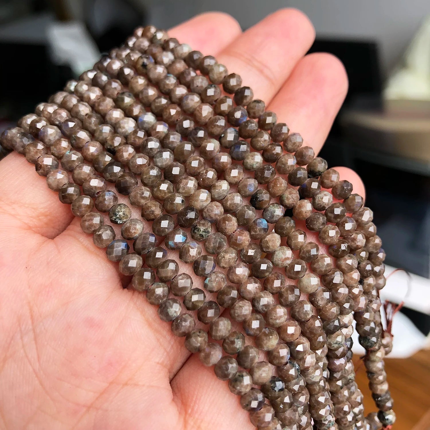 Faceted Natural African Labradorite Stone Beads: Small Round Loose Rondelle Beads 4x3mm - Flexi Africa - Flexi Africa offers Free Delivery Worldwide - Vibrant African traditional clothing showcasing bold prints and intricate designs