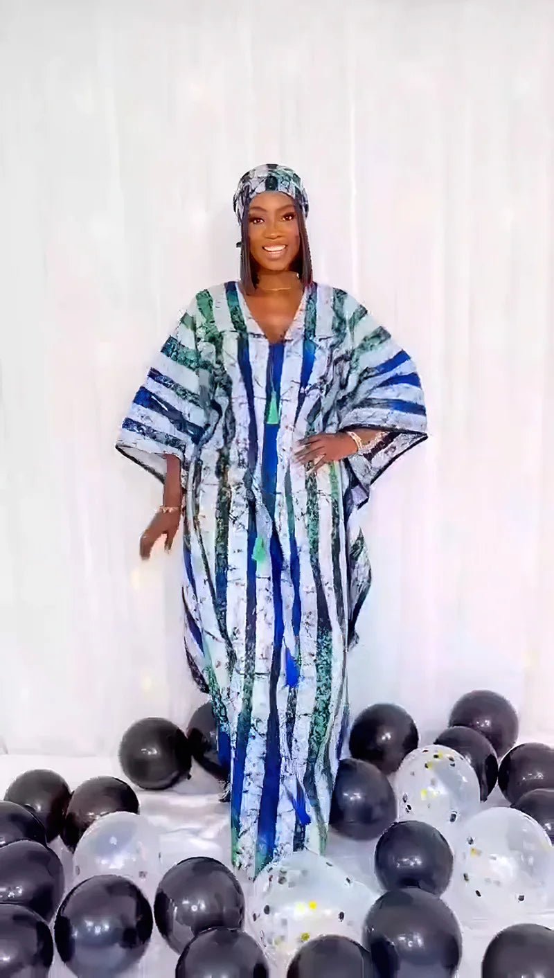 Dashiki Inspired Maxi Dress: Women's Batwing Sleeve V-Neck with Tassel Stripe Print, Perfect for Parties - Flexi Africa