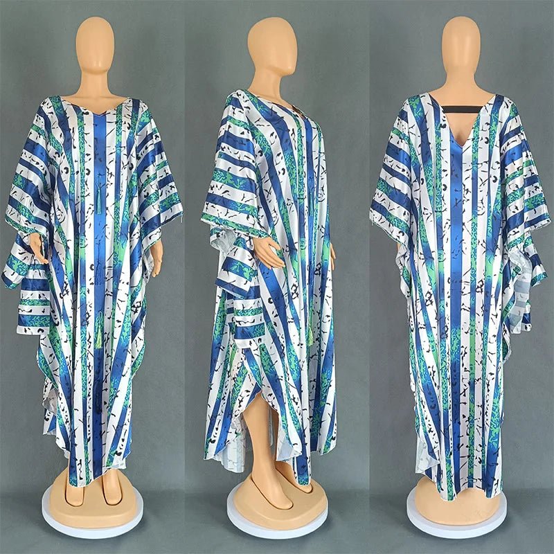 Dashiki Inspired Maxi Dress: Women's Batwing Sleeve V-Neck with Tassel Stripe Print, Perfect for Parties - Flexi Africa