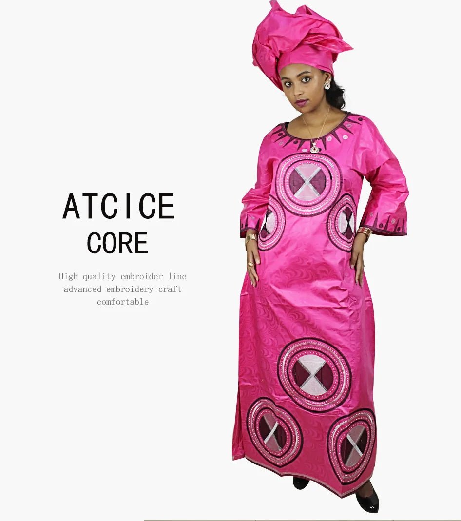 Fashionable African Dresses for Women: Bazin Riche Embroidery Long Dress with Matching Scarf - Free Delivery Worldwide only at Flexi Africa