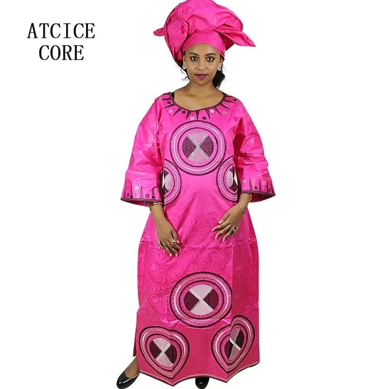 Fashionable African Dresses for Women: Bazin Riche Embroidery Long Dress with Matching Scarf - Free Delivery Worldwide only at Flexi Africa