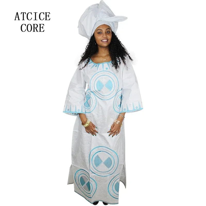 Fashionable African Dresses for Women: Bazin Riche Embroidery Long Dress with Matching Scarf - Free Delivery Worldwide only at Flexi Africa