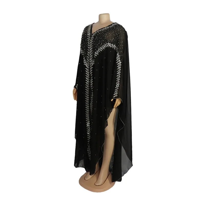 Femme Diamonds Chiffon African Dresses for Women 2024 Hooded Traditional Clothing Dubai Abaya Kaftan Africa Dashiki Robe Gown - Free Delivery Worldwide only at Flexi Africa