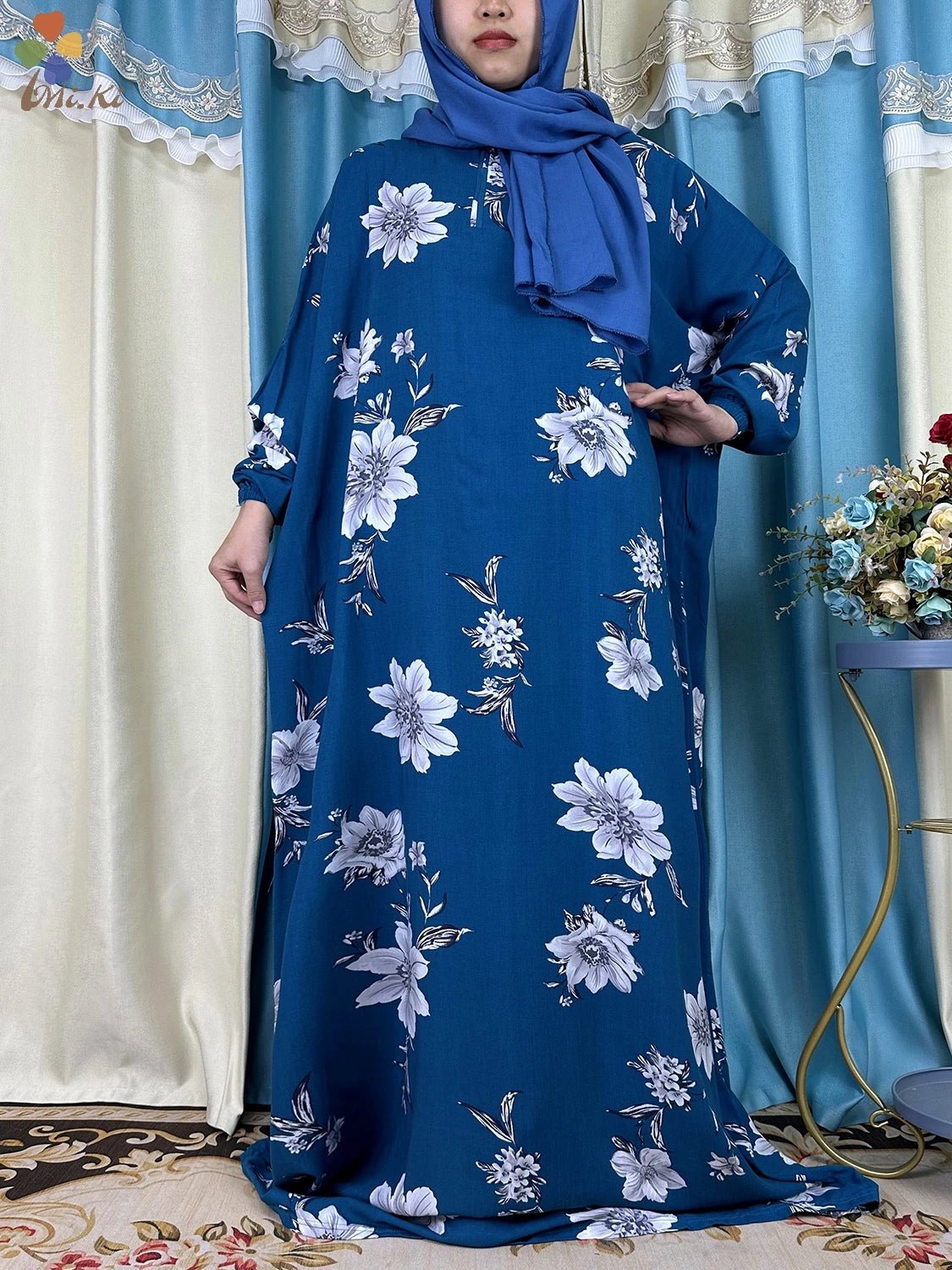 Floral Elegance: New African Abaya Dress with Turban Joint - Loose-Fit Muslim Rayon - Flexi Africa - Flexi Africa offers Free Delivery Worldwide - Vibrant African traditional clothing showcasing bold prints and intricate designs