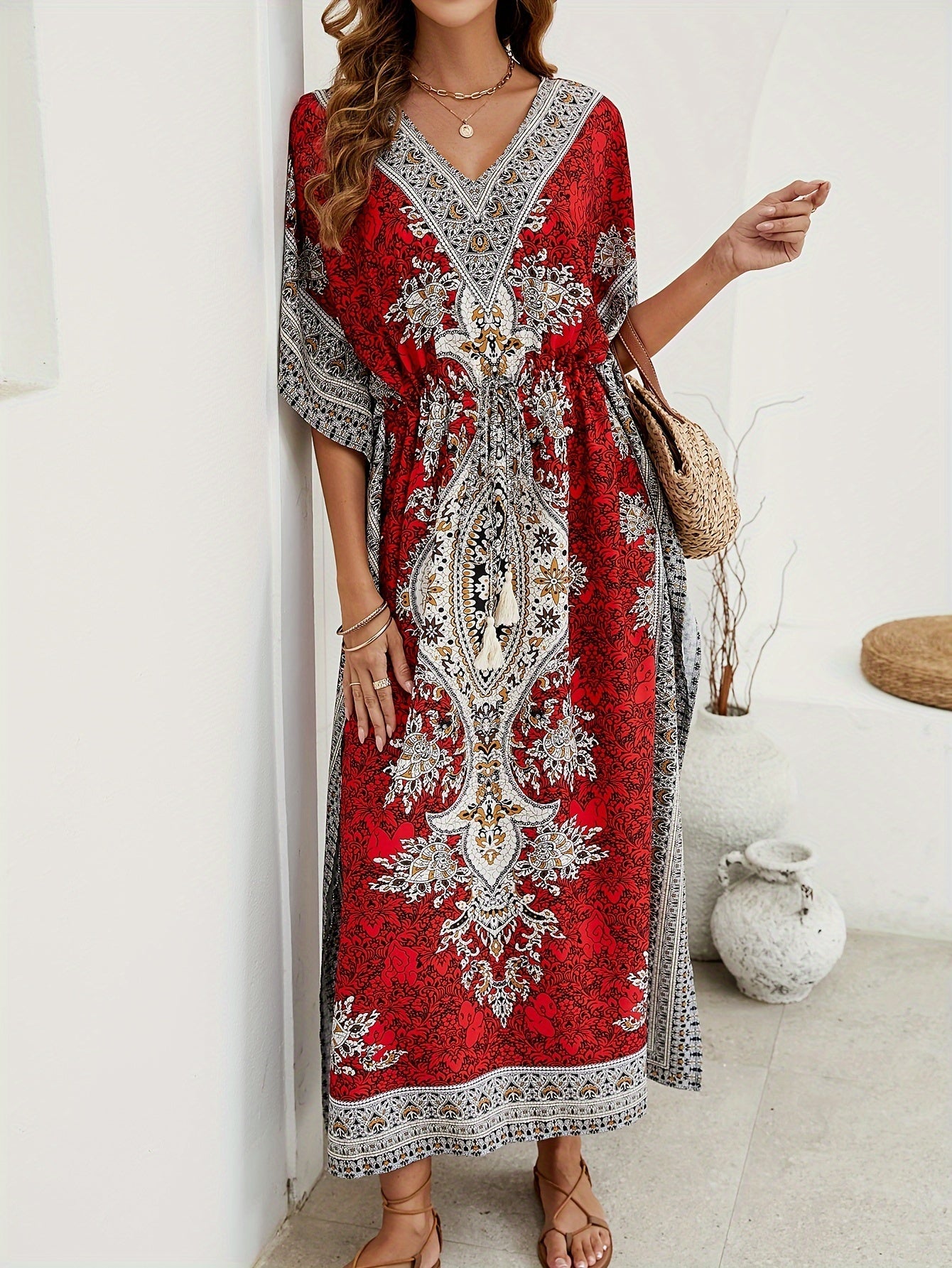 Floral Print V Neck Side Split Cover Up Dress, Batwing Sleeve Boho Maxi Beach Kaftan - Flexi Africa - Free Delivery Worldwide only at www.flexiafrica.com