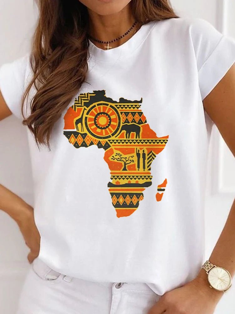 Fresh African Women's Casual Short Sleeve T-shirt: Loose-Fit O-neck White Tee - Flexi Africa - Flexi Africa offers Free Delivery Worldwide - Vibrant African traditional clothing showcasing bold prints and intricate designs