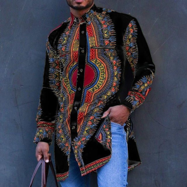 Get Traditional African Style with Long Dashiki Sleeves Polyester Printing Shirt for Men - Free Delivery Worldwide