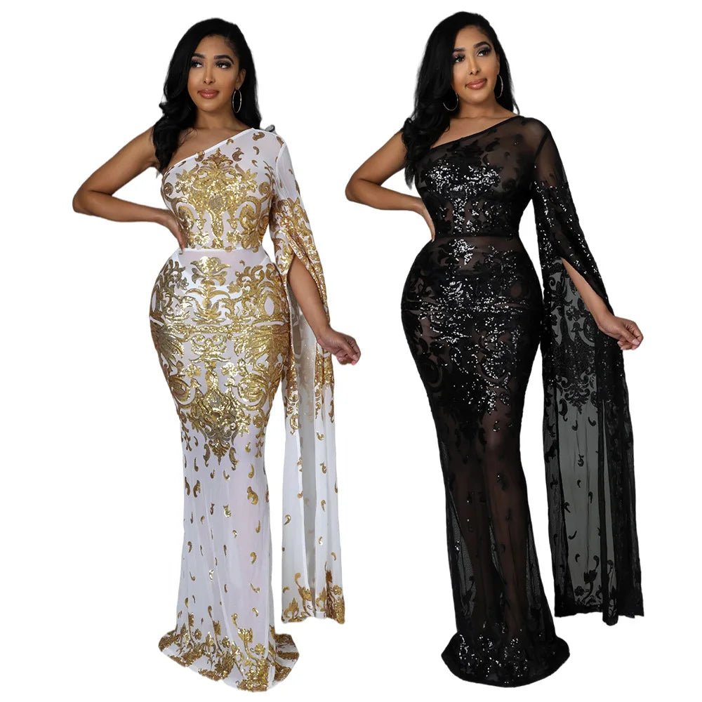 Glamorous Gold and Black: African Fashion Long Dresses for Women - Elevate Your Style in Spring and Autumn - Flexi Africa - Flexi Africa offers Free Delivery Worldwide - Vibrant African traditional clothing showcasing bold prints and intricate designs