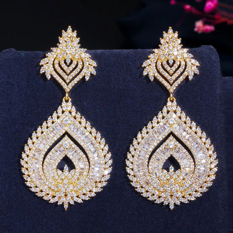 Gold Color African Nigerian Big Long Earrings for Women - Perfect for Weddings and Parties - Free Delivery Worldwide only at Flexi Africa