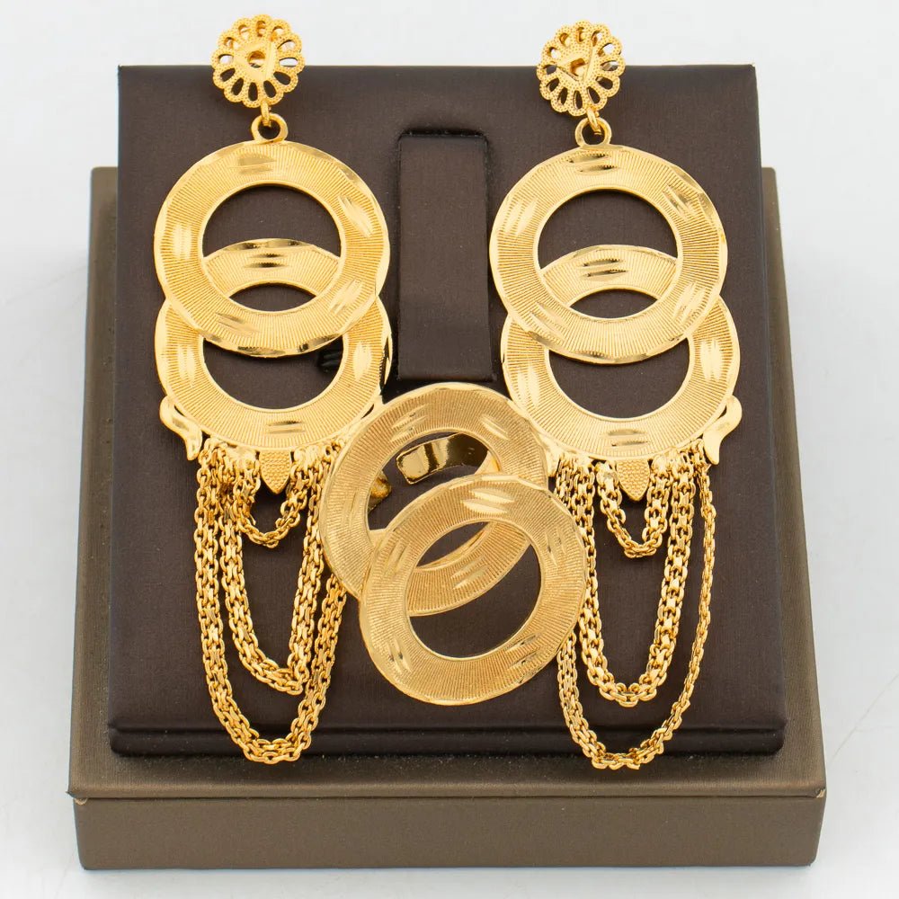 Gold Color Earrings with Ring Set for Women African Dangle Earrings and Ring Jewellery Set for Engagement Gifts - Flexi Africa - Flexi Africa offers Free Delivery Worldwide - Vibrant African traditional clothing showcasing bold prints and intricate designs