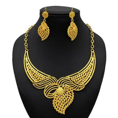 Gold-Plated Jewelry Set: Exquisite 24K Gold-Colored Necklace and Earrings for African Bridal Wear at Nigerian Wedding