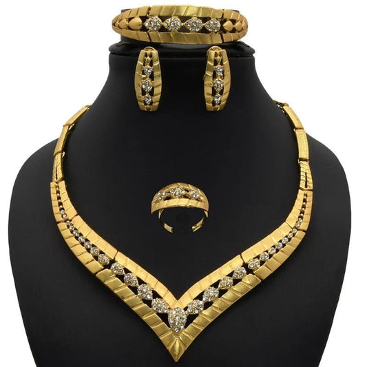 Gold Plated Wedding Jewelry Set - Complete African Chokers Necklace, Earrings, and Rings Fashion Bridal Jewellery Set - Free Delivery Worldwide only at Flexi Africa