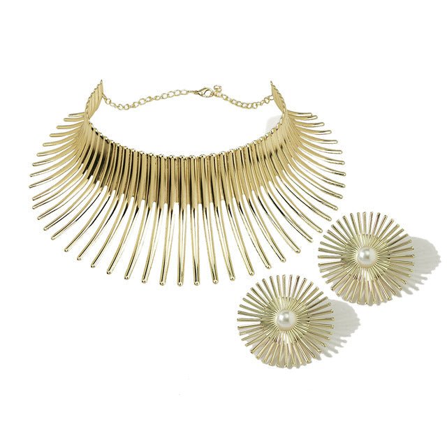 Golden African Steampunk Glam: Torque Choker Necklace and Earrings Set for Bold Party Style. Free Delivery Worldwide