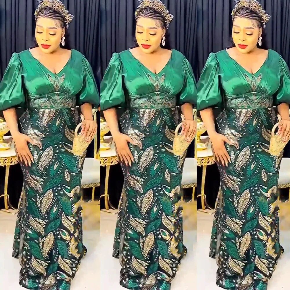 Graceful Glamour: Luxurious Satin Sequin Maxi Gown for Plus-Size Elegance - Flexi Africa - Flexi Africa offers Free Delivery Worldwide - Vibrant African traditional clothing showcasing bold prints and intricate designs