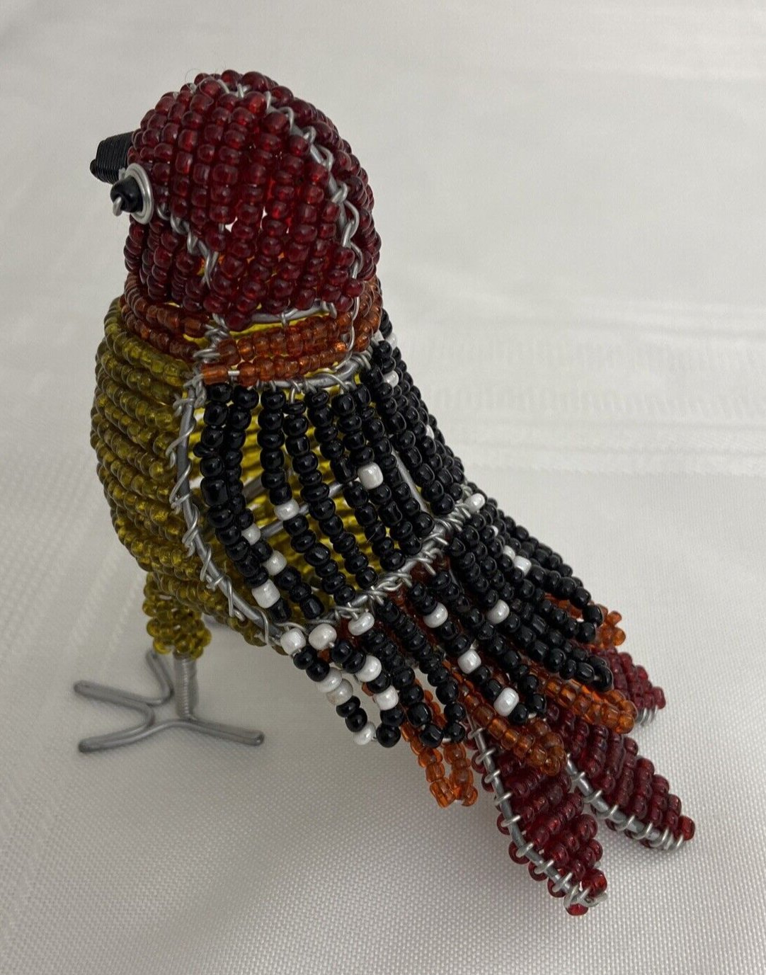 Handmade Beaded Bird Figurine On Wire African Folk Art Finch Statue Gift Idea - Flexi Africa www.flexiafrica.com - FREE POST