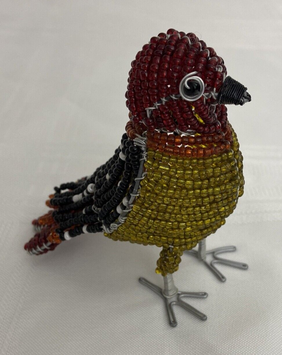 Handmade Beaded Bird Figurine On Wire African Folk Art Finch Statue Gift Idea - Flexi Africa - Flexi Africa offers Free Delivery Worldwide - Vibrant African traditional clothing showcasing bold prints and intricate designs