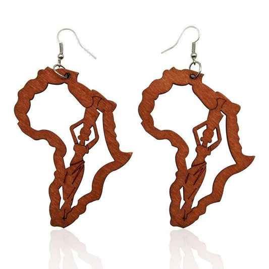 Laser Engraved Afro Wooden Drop Earrings African Motherland Map Ethnic Tribal Pattern Handmade Jewelry - Free Delivery Worldwide only at Flexi Africa