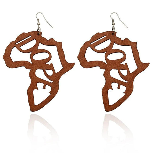 Laser Engraved Afro Wooden Drop Earrings African Motherland Map Ethnic Tribal Pattern Handmade Jewelry - Free Delivery Worldwide only at Flexi Africa