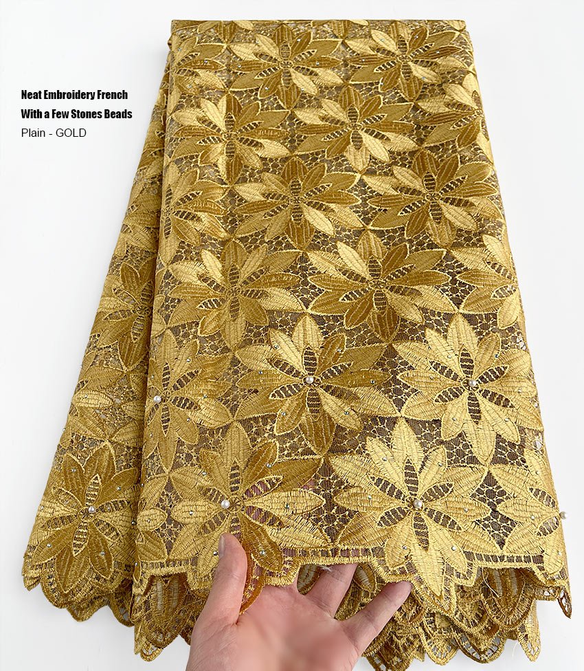 Luxurious Plain Gold French Lace Fabric - Exquisite Embroidery for Men and Women - Flexi Africa - Flexi Africa offers Free Delivery Worldwide - Vibrant African traditional clothing showcasing bold prints and intricate designs