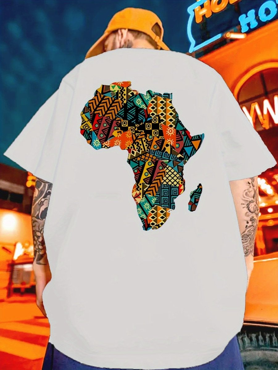 Men's Africa Outline Colorful Geometric Print T-Shirt - Soft 100% Cotton Loose Fit Casual Tee for Gym, Sports & Daily Wear - Summer & Year - Round Comfort, Gym Attire, Ethnic Style Shirt, Breathable Cotton - Free Delivery Worldwide only at Flexi Africa