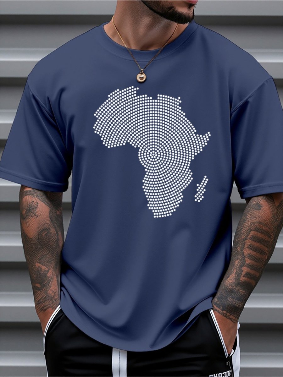 Men's African Map Print T-Shirt - 100% Cotton Loose Fit Casual Tee with Navy Blue & White Dot Design, Breathable Summer Shirt for Daily & Outdoor Wear, Comfortable Streetwear | Bold Graphic Tee | Soft Fabric Top - Free Delivery Worldwide only at Flexi Africa
