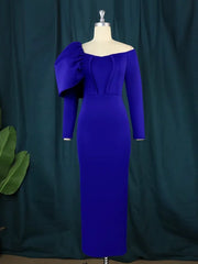 Off-Shoulder Blue Long Sleeve Evening Party Dress with High Waist for Women - Flexi Africa Free Delivery www.flexiafrica.com