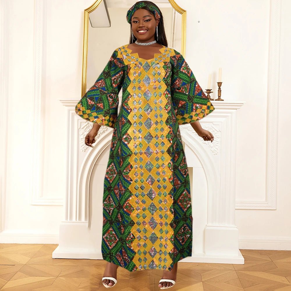 Plus Size African Clothes for Women 2025 New Dashiki Ankara Embroidery Bazin Riche Design Wedding Party Dresses with Headscarf - Free Delivery Worldwide only at Flexi Africa