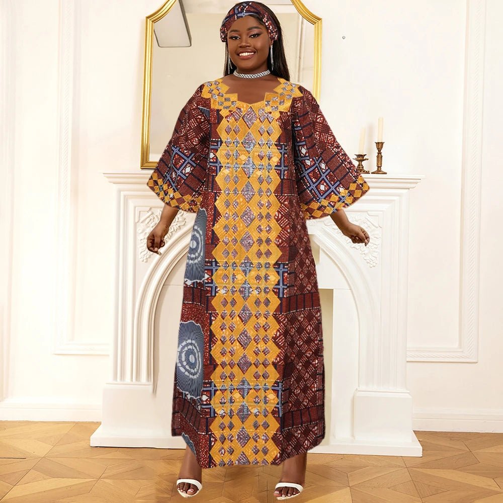 Plus Size African Clothes for Women 2025 New Dashiki Ankara Embroidery Bazin Riche Design Wedding Party Dresses with Headscarf - Free Delivery Worldwide only at Flexi Africa