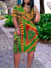 Plus Size African Print Tunic Dress for Women - Casual Crew Neck, Short Sleeve, Knit Polyester with Slight Stretch, Summer All - Over Print - Free Delivery Worldwide only at Flexi Africa