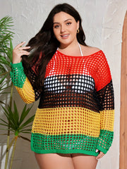 Plus Size Colorblock Striped Crochet Top - Casual Cut Out Long Sleeve Knitted Top for Women - Flexi Africa - Free Delivery Worldwide only at www.flexiafrica.com