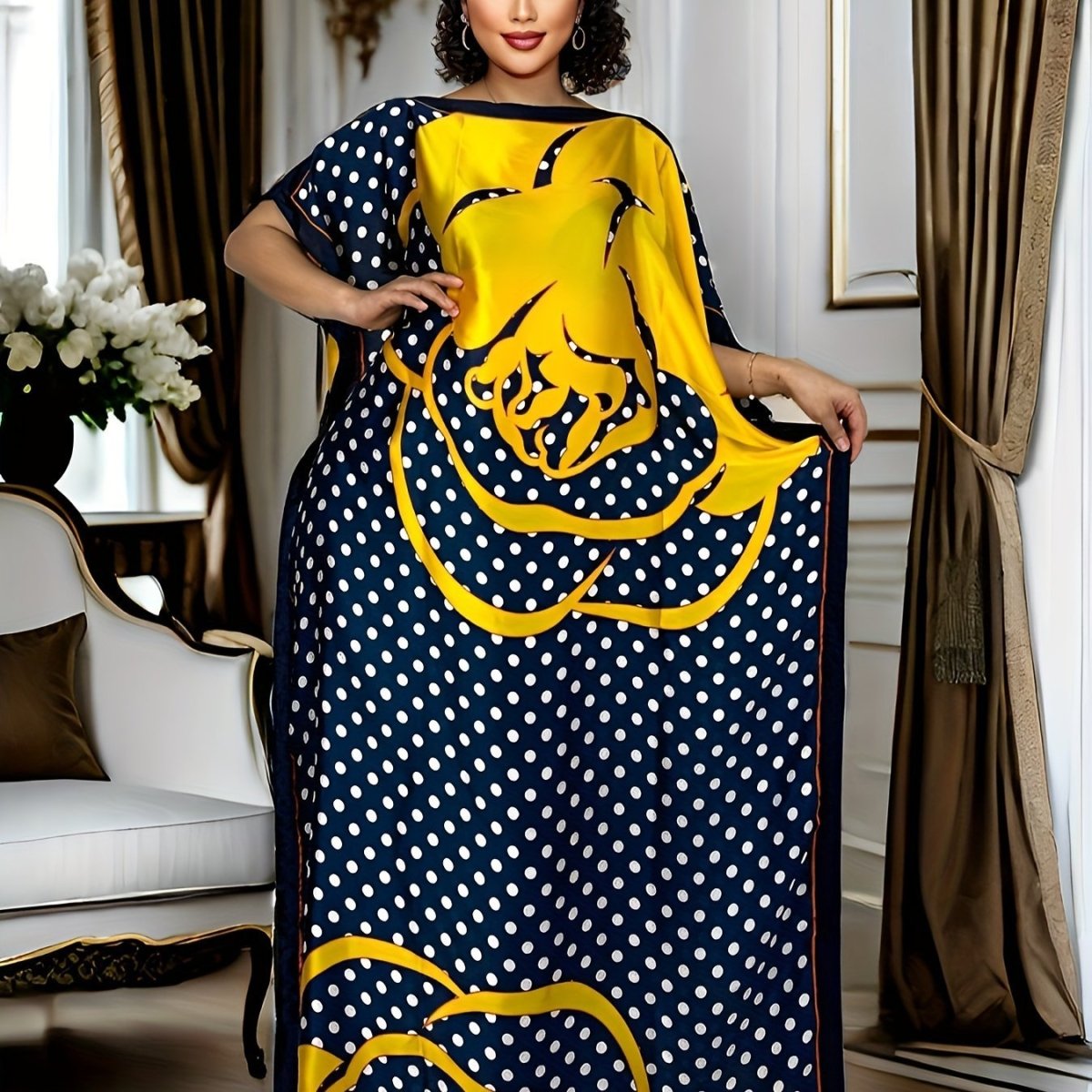 Plus Size Polka Dot Print Kaftan Dress, Modest Crew Short Sleeve Maxi Dress - Free Delivery Worldwide only at Flexi Africa