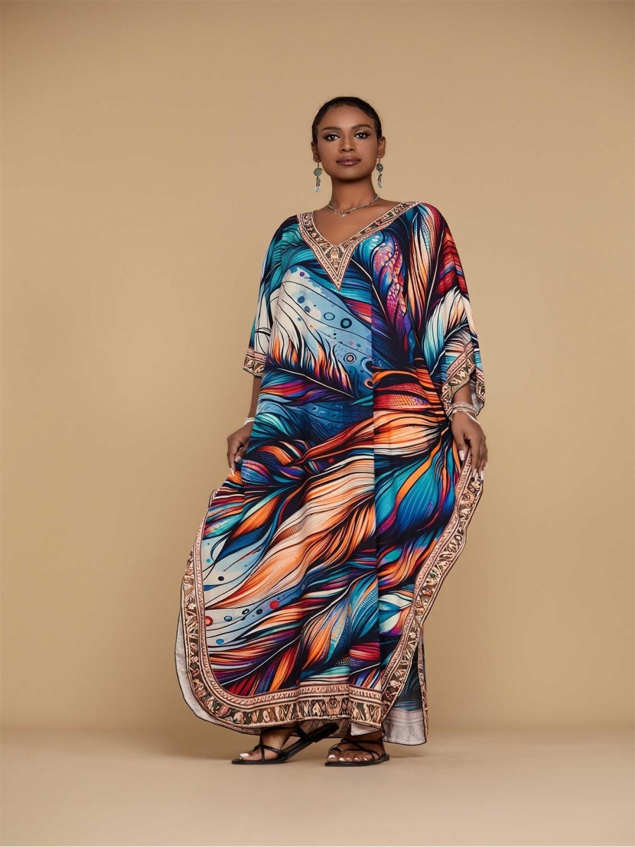 Plus Size Women's Comfortable Printed Kaftan Dress - Loose - Fitting Bohemian V - Neck Beach Cover - Up with Ethnic Style - Free Delivery Worldwide only at Flexi Africa