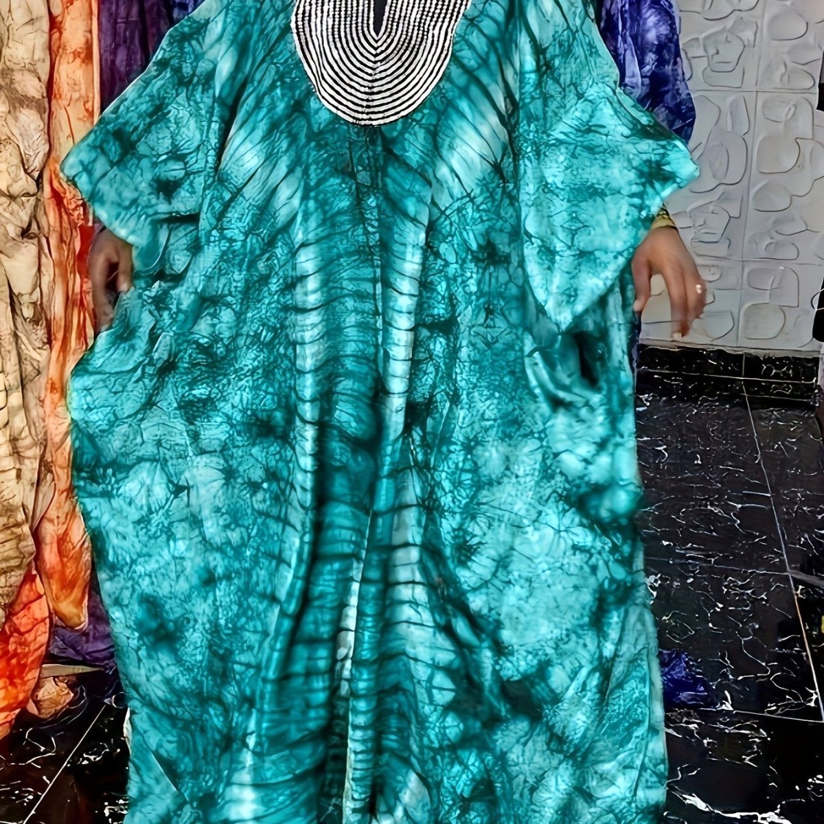 Ramadan All Over Print Sequin Neck Kaftan Dress, Modest Loose Maxi Length Kaftan - Free Delivery Worldwide only Flexi Africa