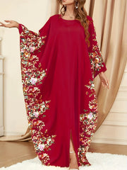 Ramadan Floral Print Crew Neck Kaftan, Elegant Batwing Sleeve Split Maxi Dress - Free Delivery Worldwide only at Flexi Africa