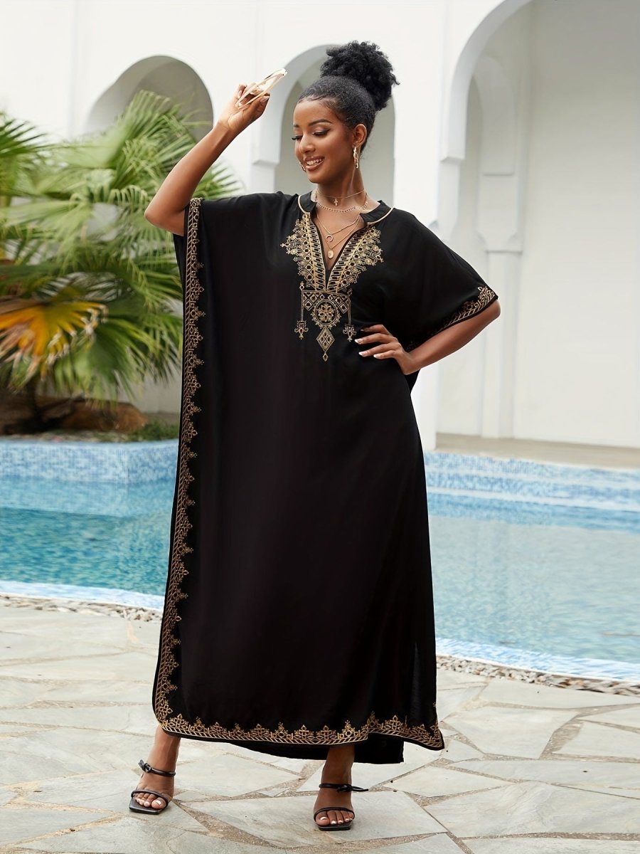 Ramadan Plus Size Boho Kaftan Dress - Golden Embroidered Sleeve Notched Neck Maxi Cover Up Dress - Free Delivery Worldwide