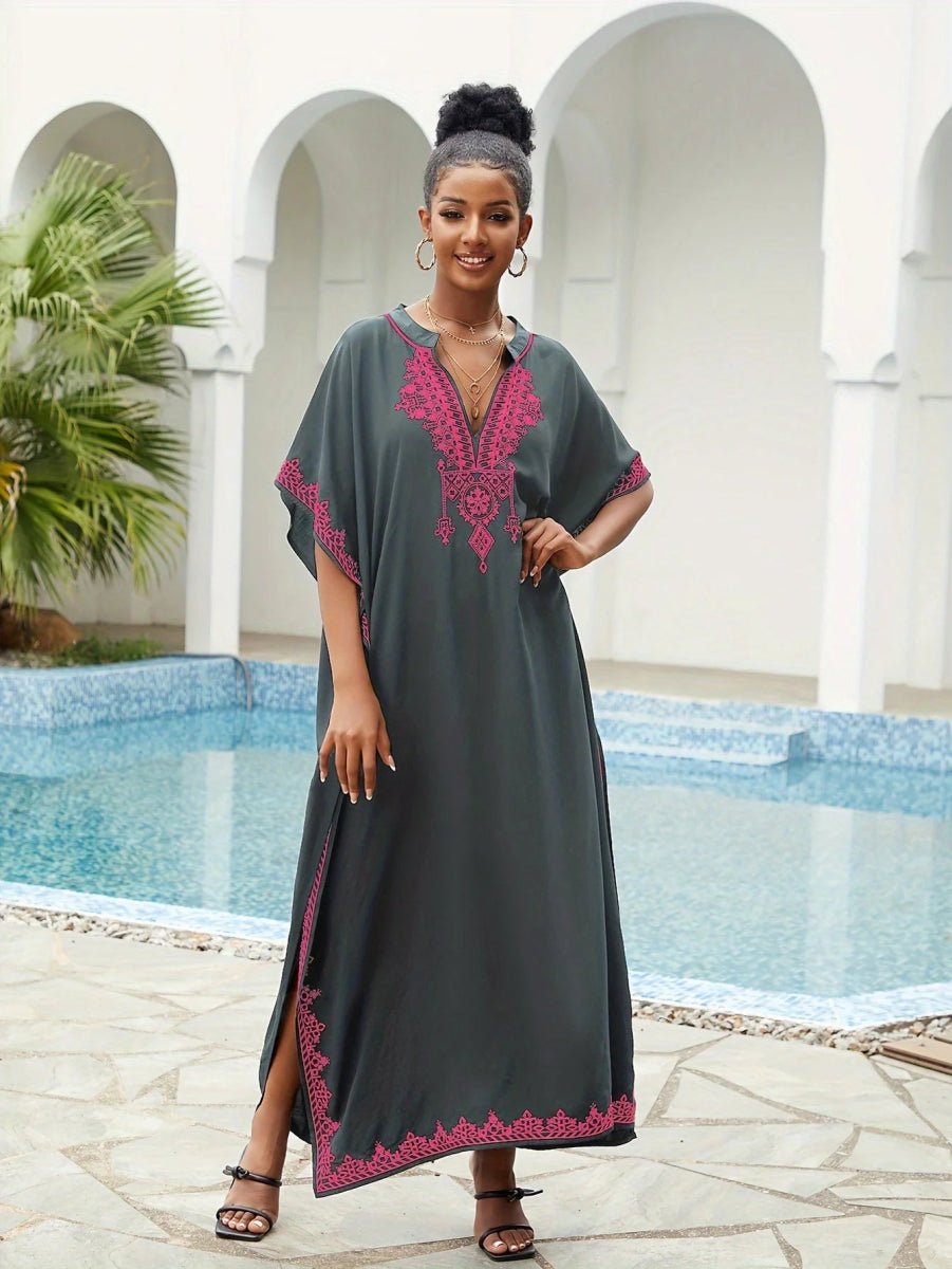 Ramadan Plus Size Boho Kaftan Dress - Golden Embroidered Sleeve Notched Neck Maxi Cover Up Dress - Free Delivery Worldwide