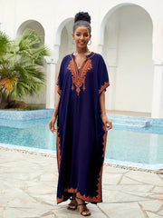 Ramadan Plus Size Boho Kaftan Dress - Golden Embroidered Sleeve Notched Neck Maxi Cover Up Dress - Free Delivery Worldwide