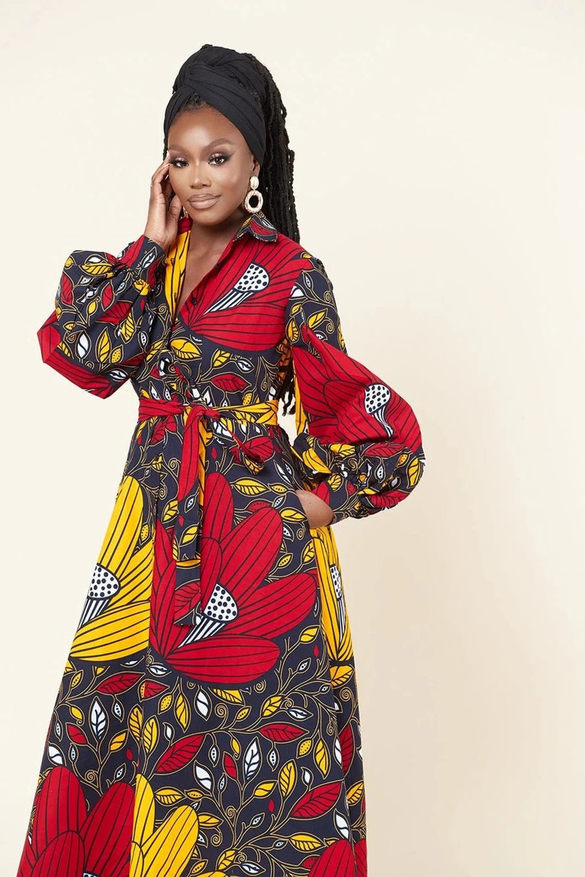 Red Yellow Plus Size African Ankara Print Long Shirt Dress with Free Headwrap and Nose Mask Flexi Africa www.flexiafrica.com