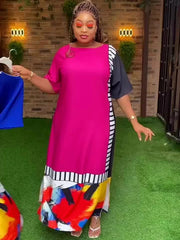 Refined African Dresses: Muslim Fashion Maxi Dress with Short Sleeves, Loose Fit, Dashiki Ankara Print - Free Delivery Worldwide only at Flexi Africa