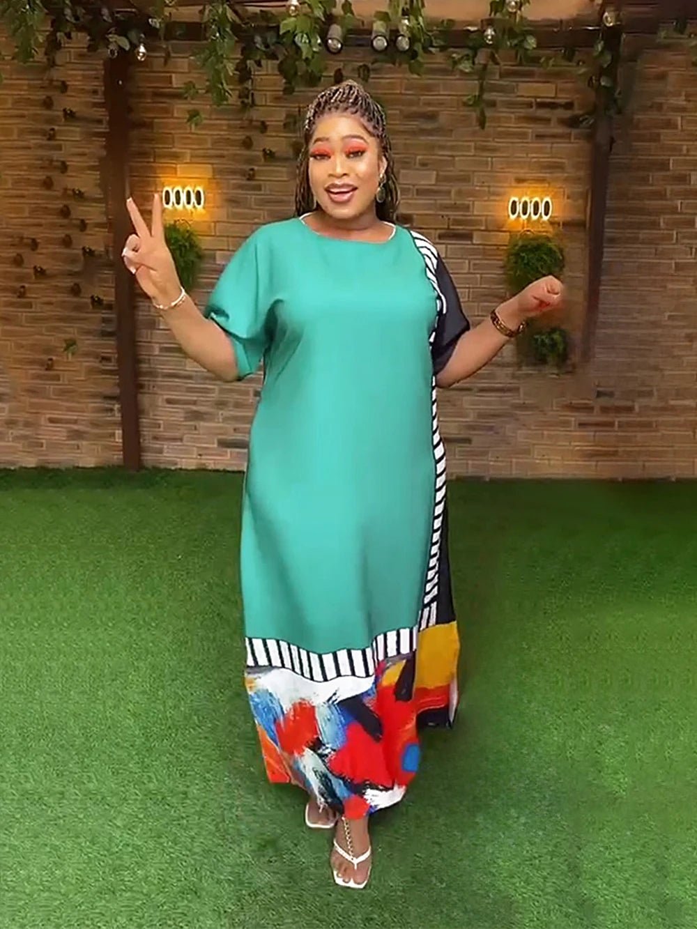 Refined African Dresses: Muslim Fashion Maxi Dress with Short Sleeves, Loose Fit, Dashiki Ankara Print - Free Delivery Worldwide only at Flexi Africa