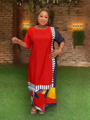 Refined African Dresses: Muslim Fashion Maxi Dress with Short Sleeves, Loose Fit, Dashiki Ankara Print - Free Delivery Worldwide only at Flexi Africa