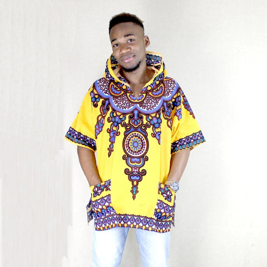 Regal Comfort: Men's African Dashiki Hoodie in Vibrant Yellow Traditional Clothing - Free Delivery Worldwide only at Flexi Africa