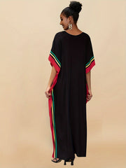 Striped Print V - Neck Batwing Sleeve Cover Up Dress, Side Split Loose Fit Black Elegant Beach Kaftan - Free Delivery Worldwide only at Flexi Africa