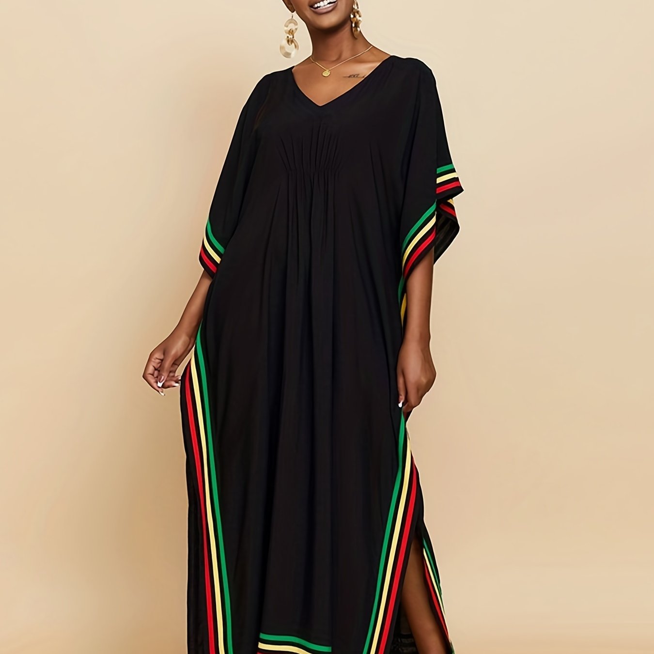 Striped Print V - Neck Batwing Sleeve Cover Up Dress, Side Split Loose Fit Black Elegant Beach Kaftan - Free Delivery Worldwide only at Flexi Africa