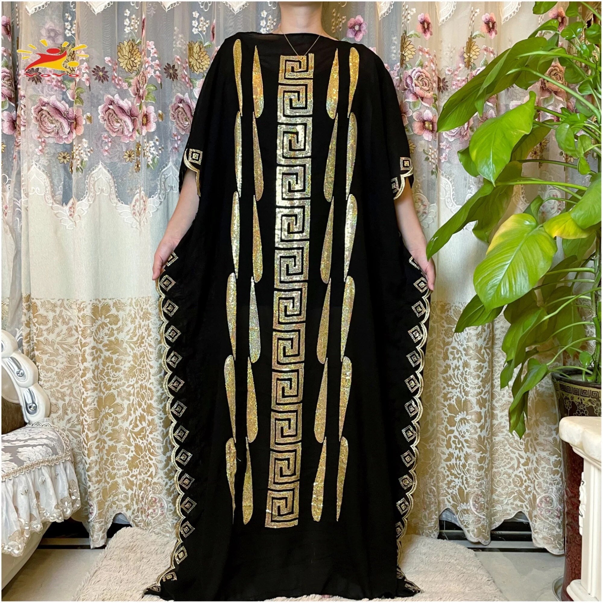 Stunning African Embroidery Flower Dress for Women - Muslim Sequin Embroidery and Scarf Included - Flexi Africa FREE POST