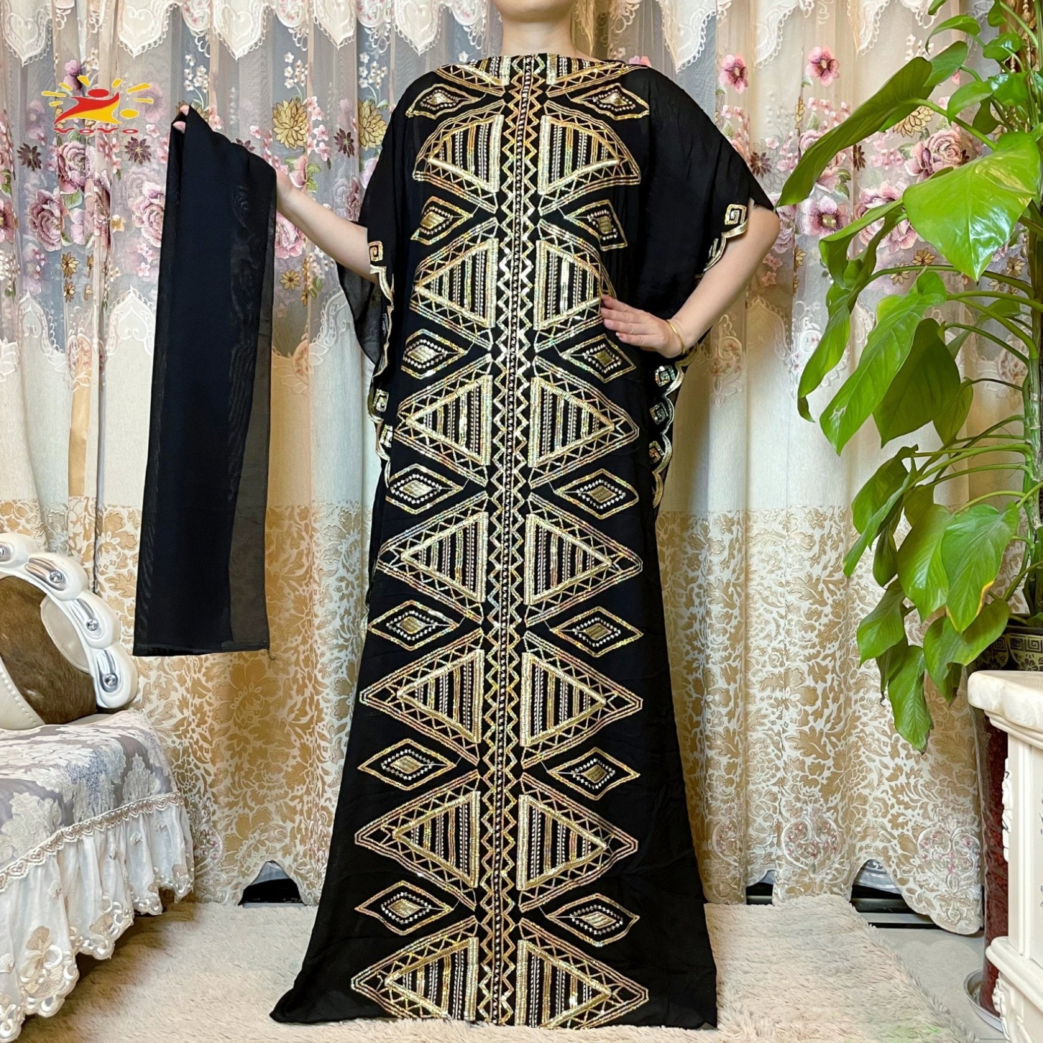 Stunning African Embroidery Flower Dress for Women - Muslim Sequin Embroidery and Scarf Included - Flexi Africa FREE POST