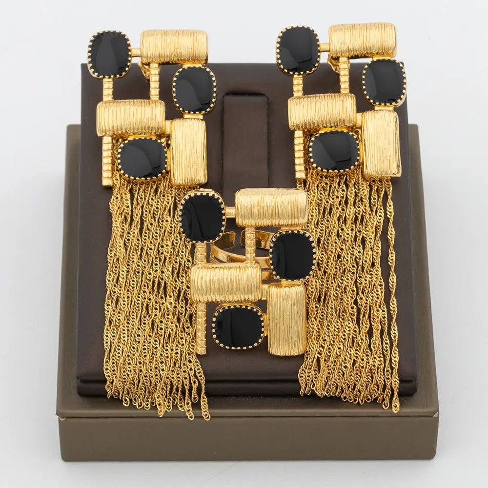 Stunning African-inspired Jewelry Set: Gold-tone Earrings and Ring with Geometric Design and Tassel Accents - Flexi Africa