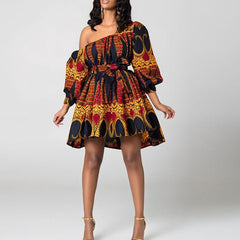 Stylish and Bold: African Shoulder Off Mini Dress with Dashiki Tribal Print - Perfect for Women's Fashion