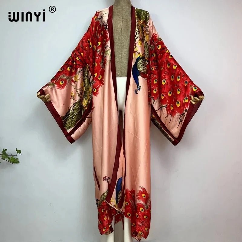 Summer Classic Peacock Print African Women Cardigan – Sexy Boho Maxi Long Sleeve Kaftan Dress - Free Delivery Worldwide only at Flexi Africa