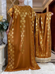 Summer Maxi Dress: Cotton with Gold Stamping, Short Sleeves, and Matching Big Scarf - Flexi Africa - www.flexiafrica.com